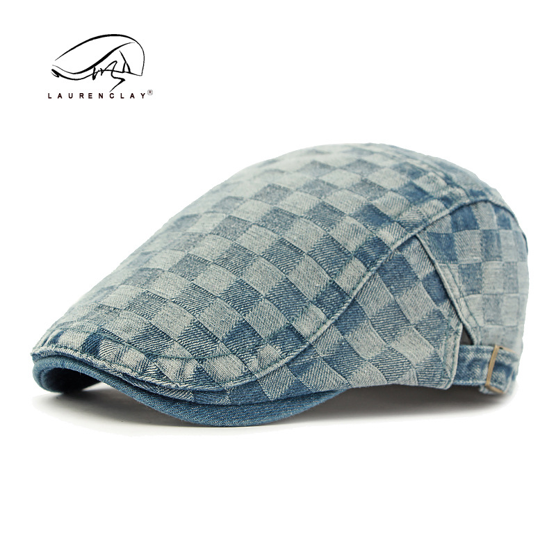 Korean Style Fashion Peaked Cap Women's Casual All-Match Chessboard Plaid Washed Denim Beret Men's British Retro Advance Hats