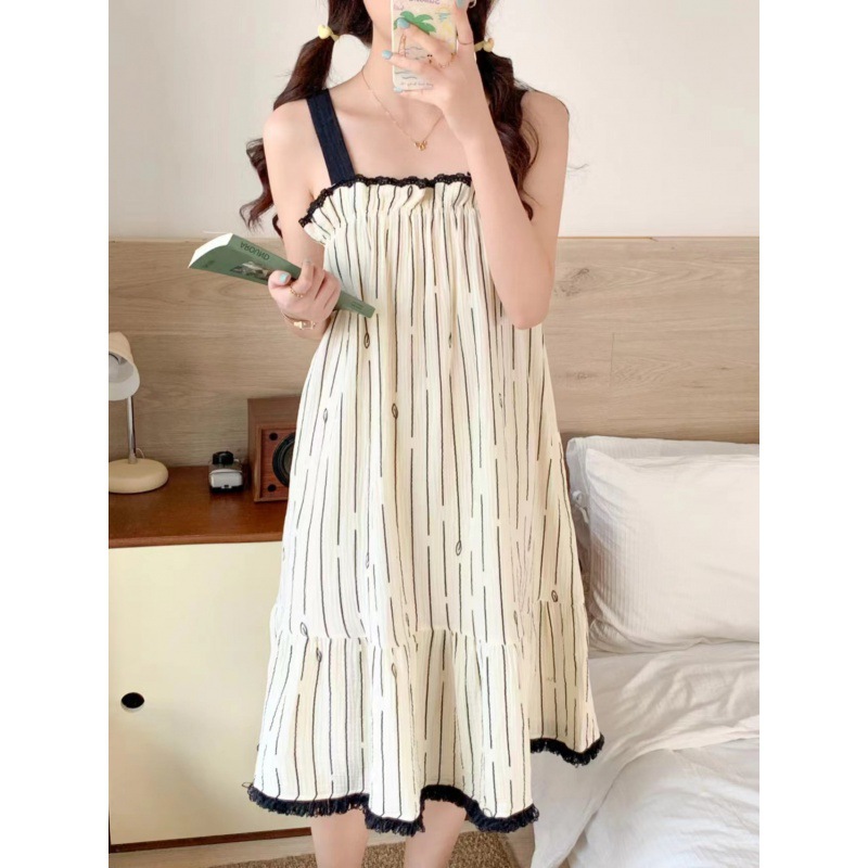 2024 睡衣睡裙女夏季方领抹胸吊带裙休闲甜美大摆裙家居服-阿里巴巴
