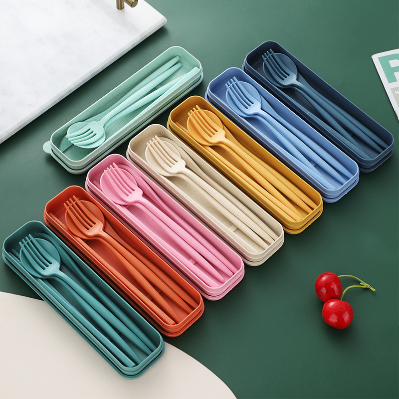 Amazon Dedicated Wheat Straw Portugal Tableware Knife Fork Spoon and Chopsticks Set Office Worker Portable Tableware Set