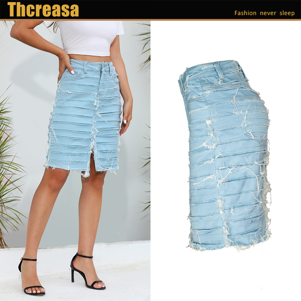 2023 Autumn and Winter Foreign Trade Women's Skirt European and American Tassel Cut Denim Skirt Sexy Hip Skirt Light Color Mid Skirt