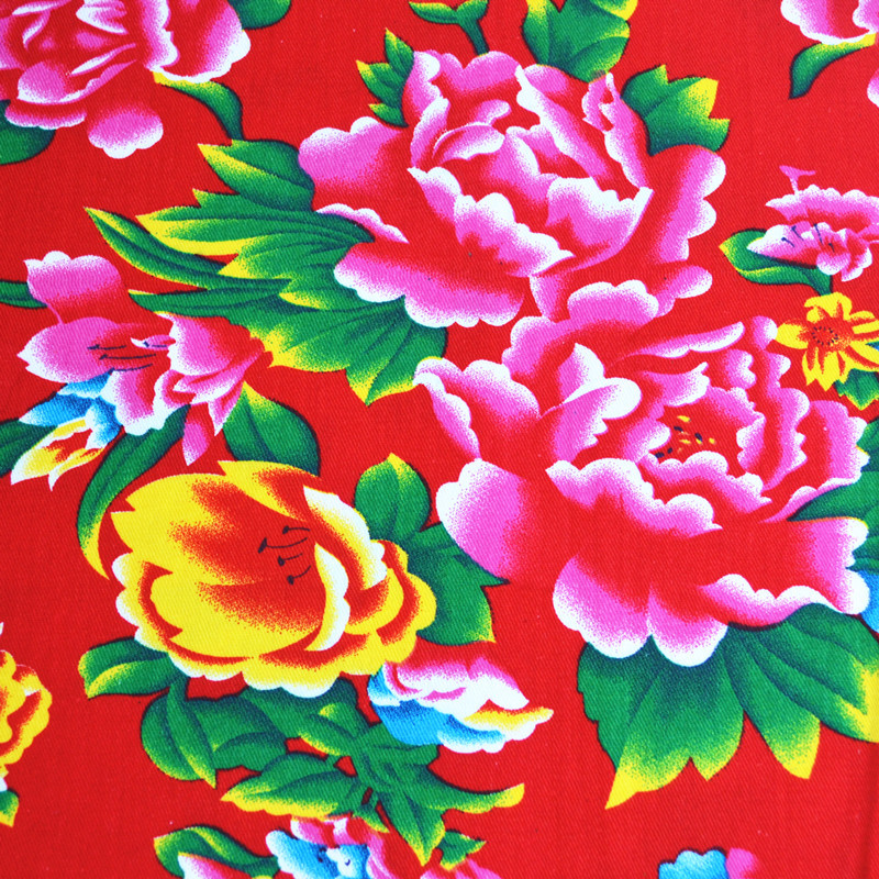 纯棉红色牡丹花东北大花布民族风被套床单被面衣服装老花布料面料