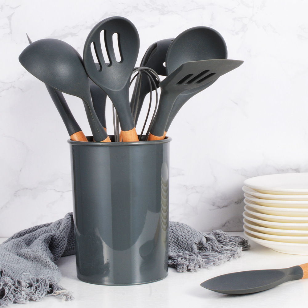 木柄硅胶厨具12件套装不粘锅硅胶铲汤勺厨房厨具kitchenware set