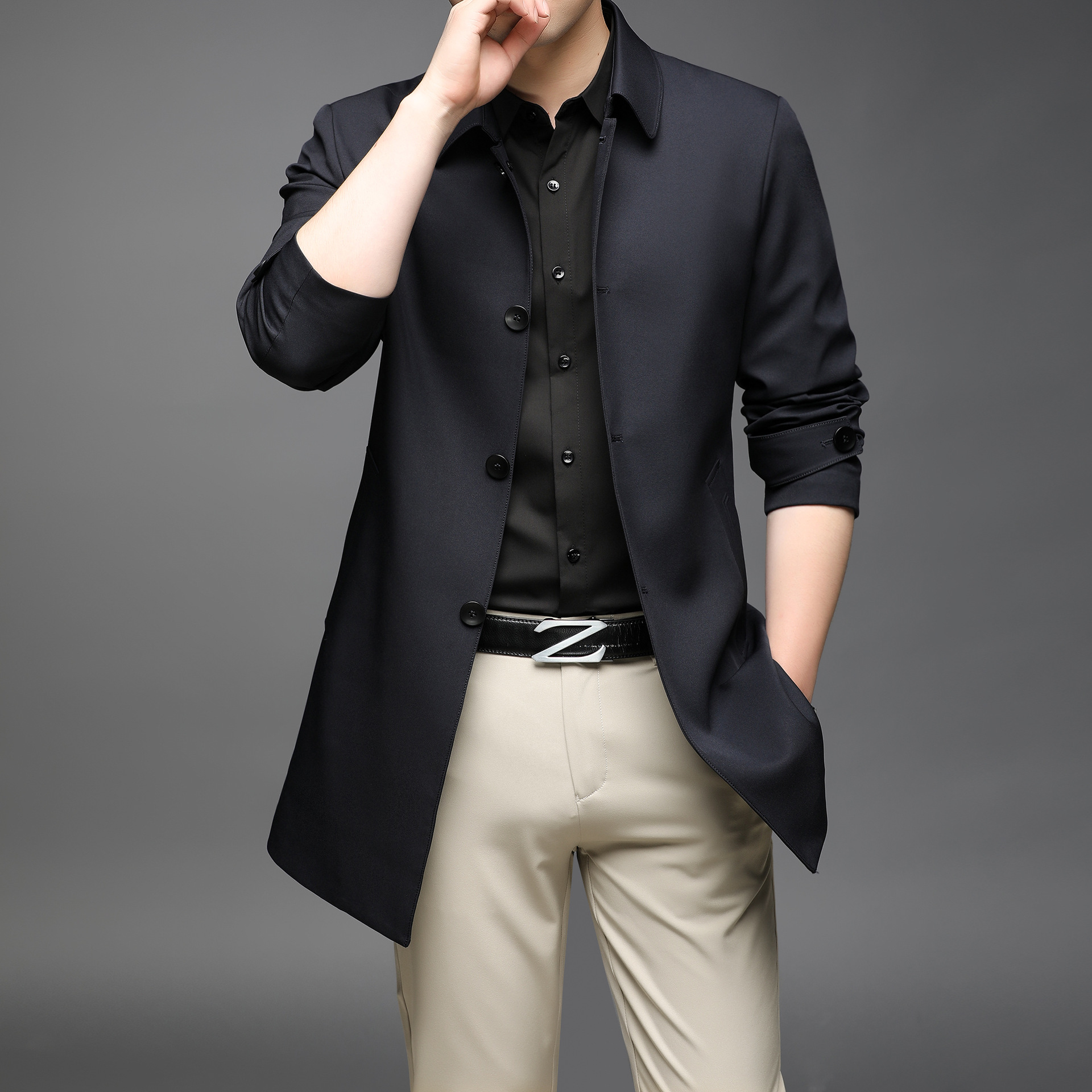 2022春秋风衣男中长款外套商务休闲中年男装时尚翻领上衣爸爸装