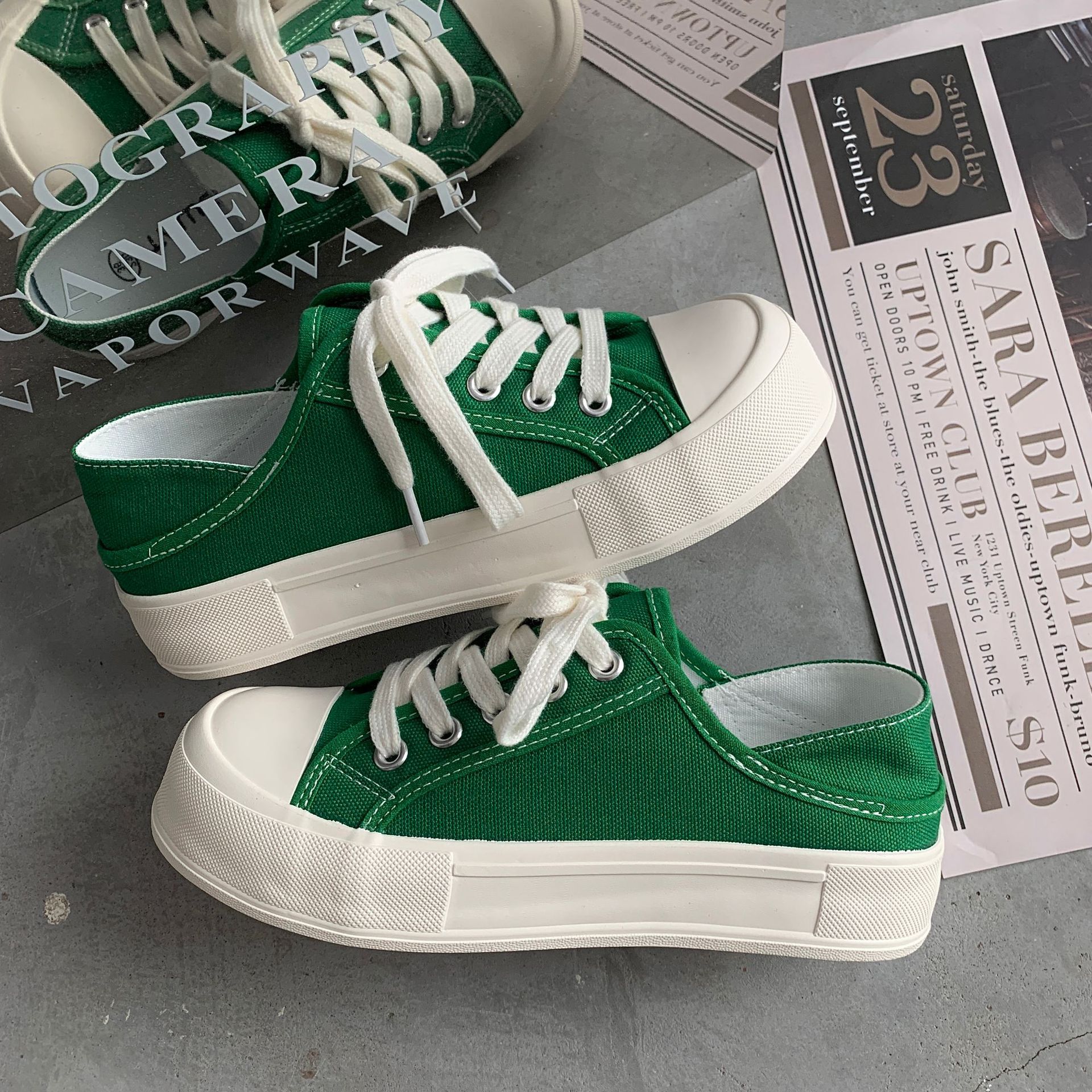 大头帆布鞋女2022春季厚底韩版休闲女鞋两用半托增高小白鞋女1033