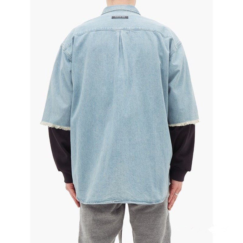 fog fear of god 第六季高街主线宽松磨边水洗复古牛仔短袖衬衫潮