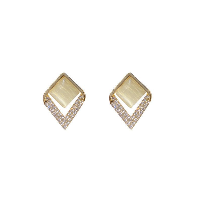 Geometric Diamond White Moonlight Opal Stone Ear Studs Sterling Silver Needle Korean Style Fashion Ear Jewelry