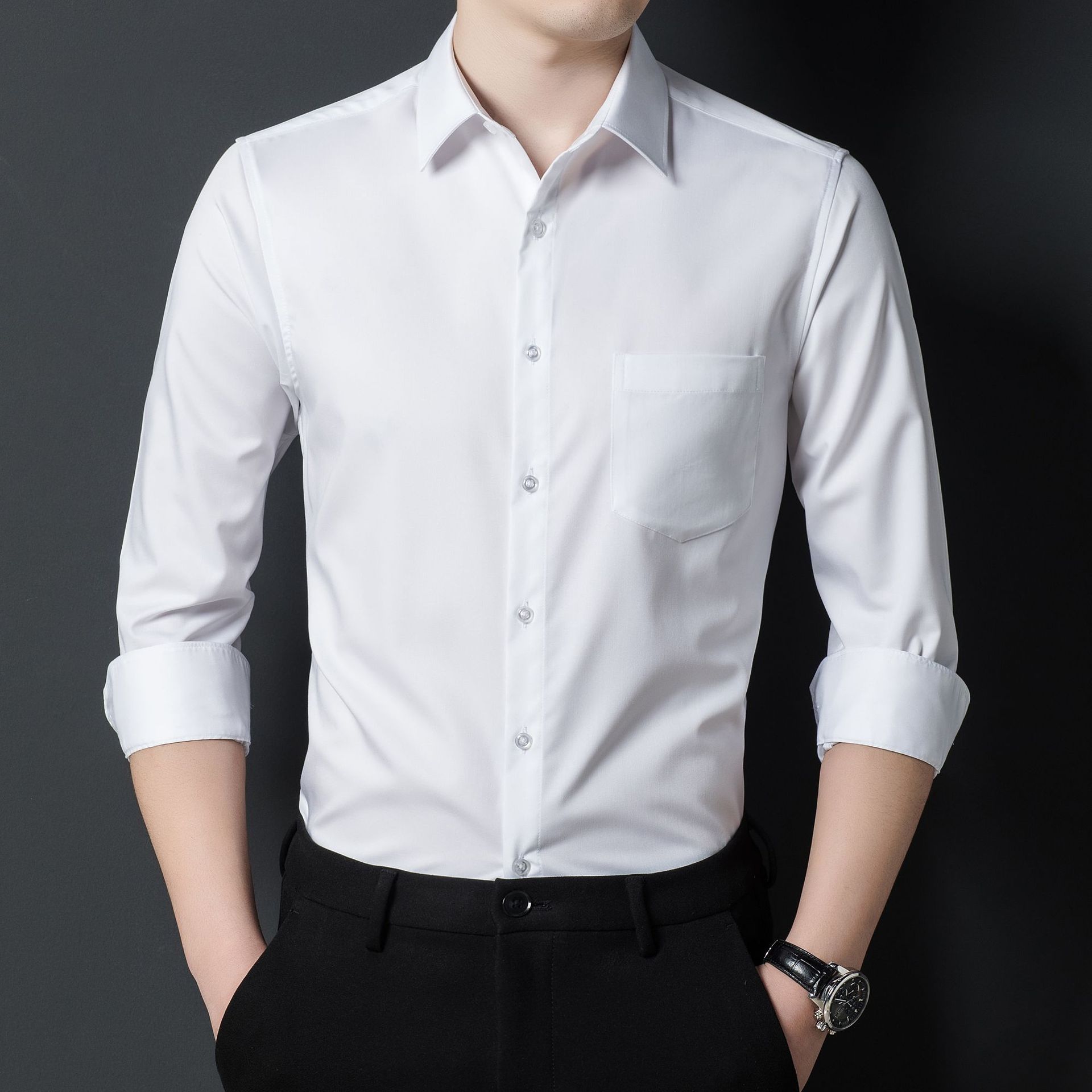 白衬衫男长袖商务正装薄款黑色衬衣男士西装衬衫竹纤维职业工作服