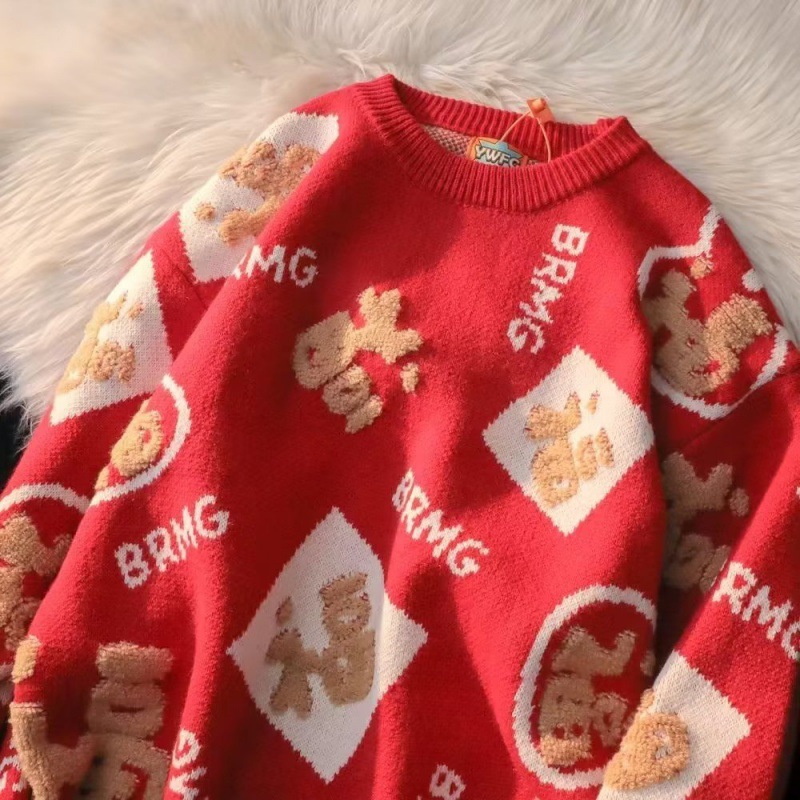 福字红色毛衣男冬季加绒加厚高级感针织男宽松慵懒风帅气毛衫线衣