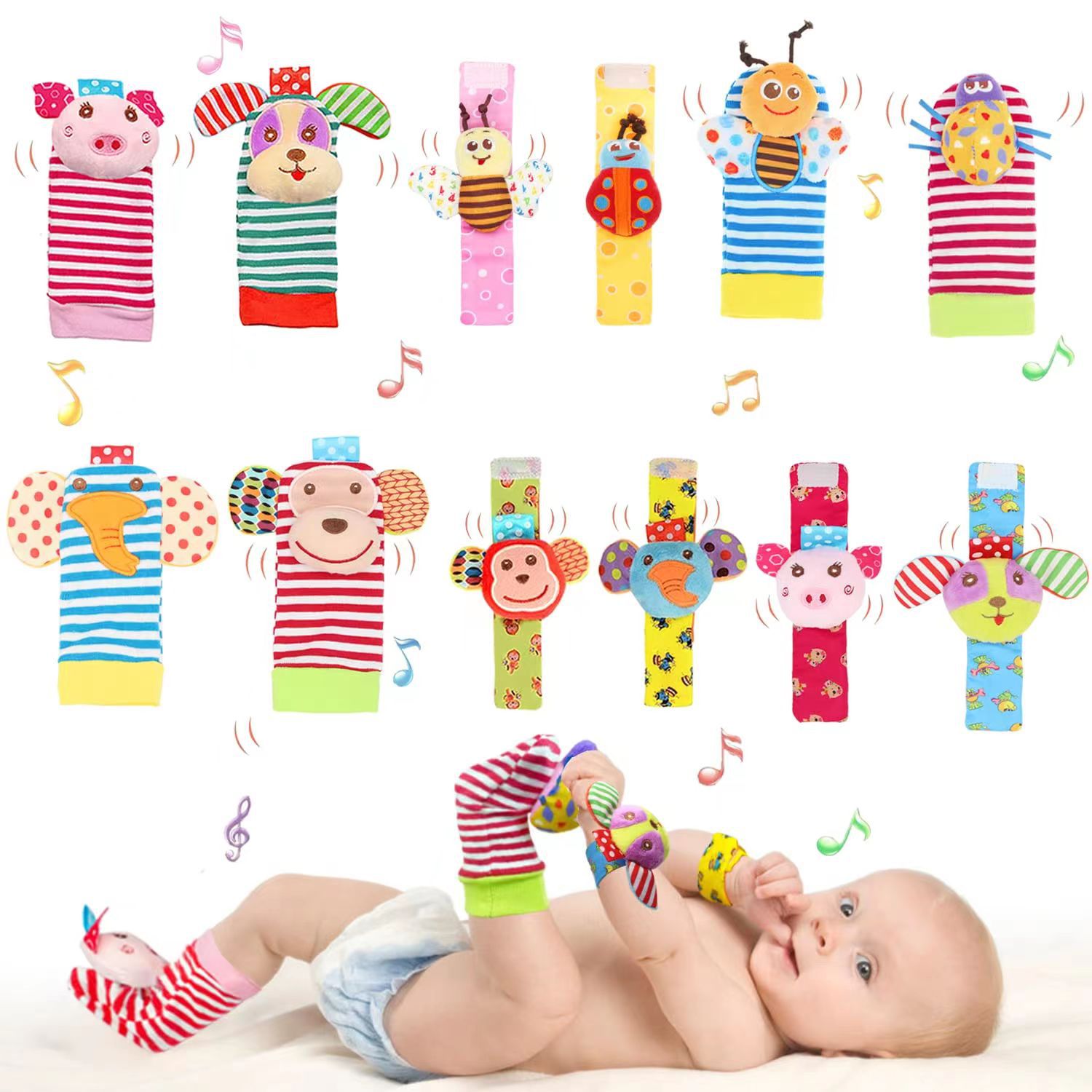Newborn Infant Cartoon Animal Wrist Bell Bell Socks New Children's Wrist Strap Socks Set