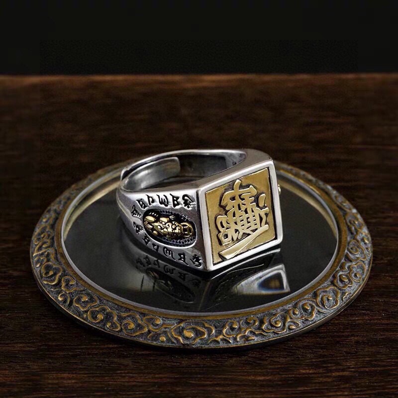 转运招财貔貅s925纯银戒指男潮活口转运戒指男款银指环男士戒指