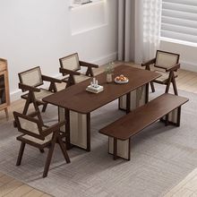 日式实木餐桌家用小户型侘寂风藤编桌子长方形民宿北欧餐桌椅组合