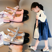 女童高跟漆皮凉鞋2024夏季小女孩包头珍珠软底公主鞋魔术贴学生鞋