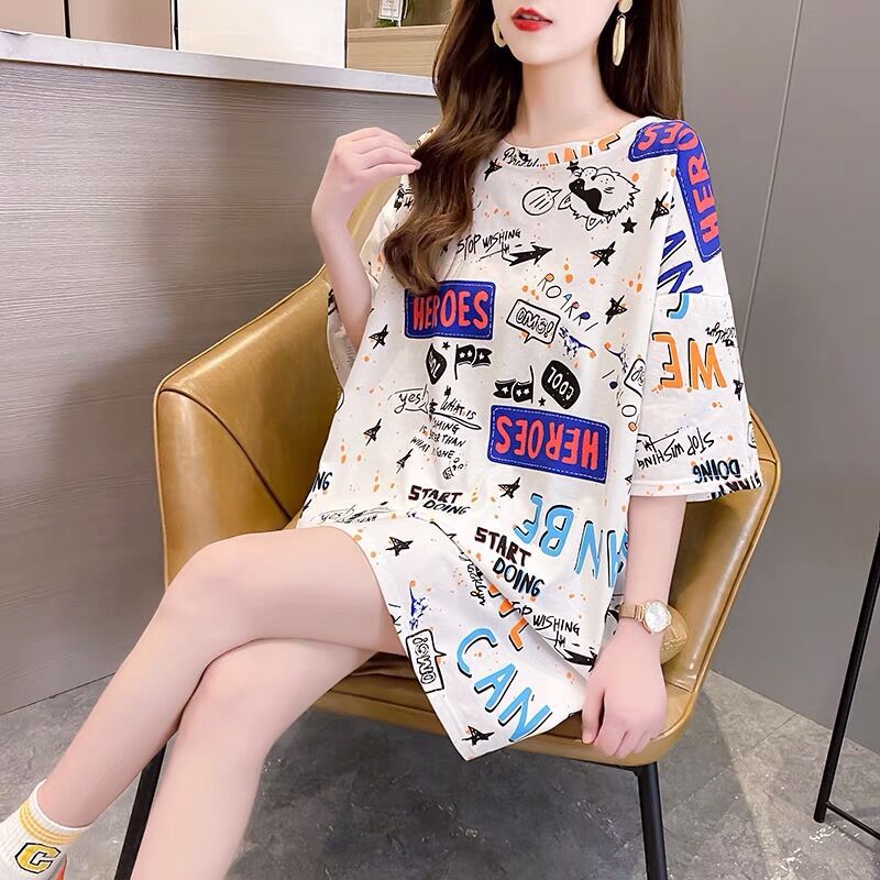 2023 New Style Loose plus Size Women's Clothing Large Size T-shirt Women's Short Sleeve Slimming Mid-Length Summer Korean Style Printed Top