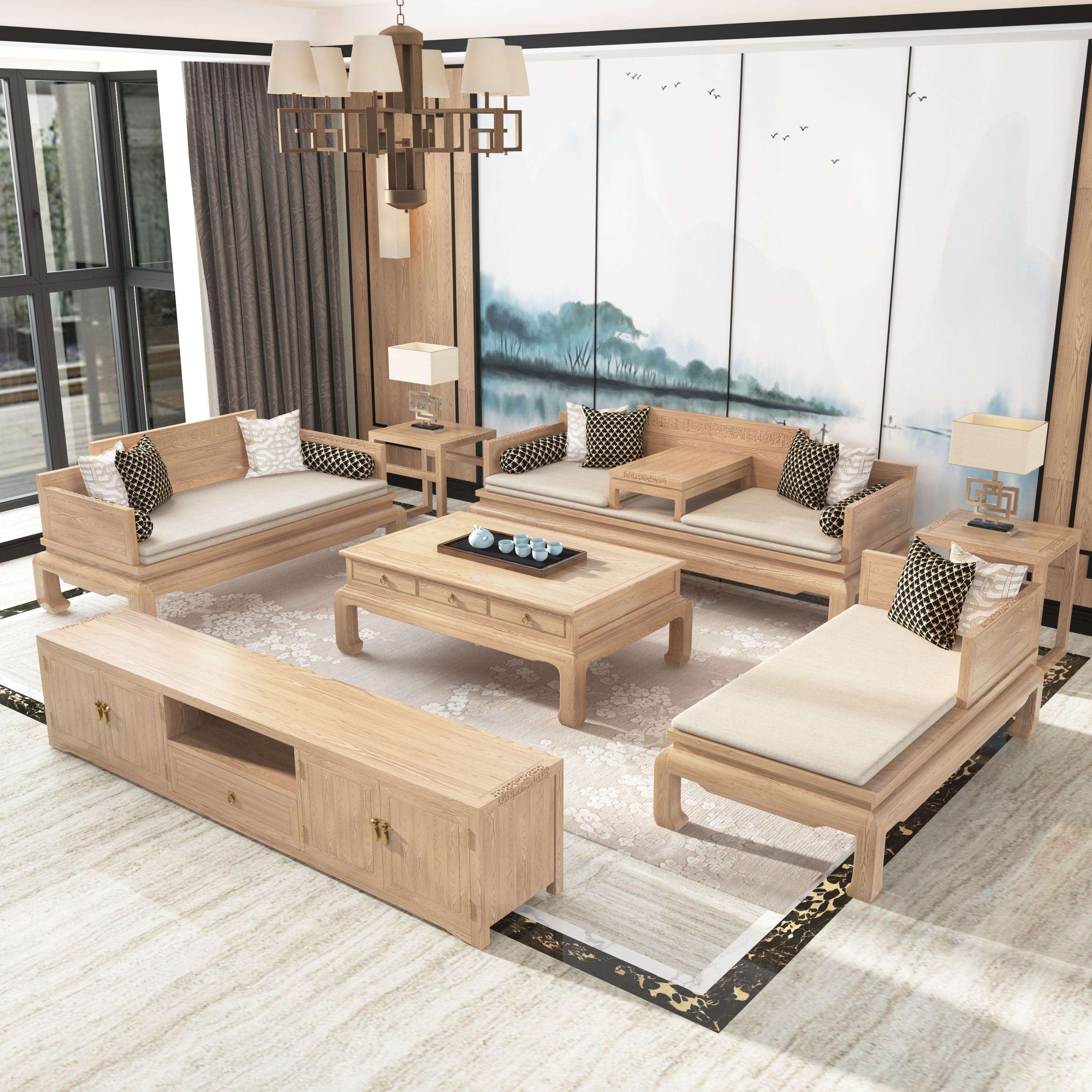 新中式原木色禅意实木沙发组合客厅酒店现代样板房罗汉床家具组合