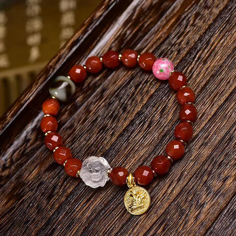 天然红玛瑙切面手链琉璃虎牙天珠线珠配饰文玩复古红珠子单圈手串