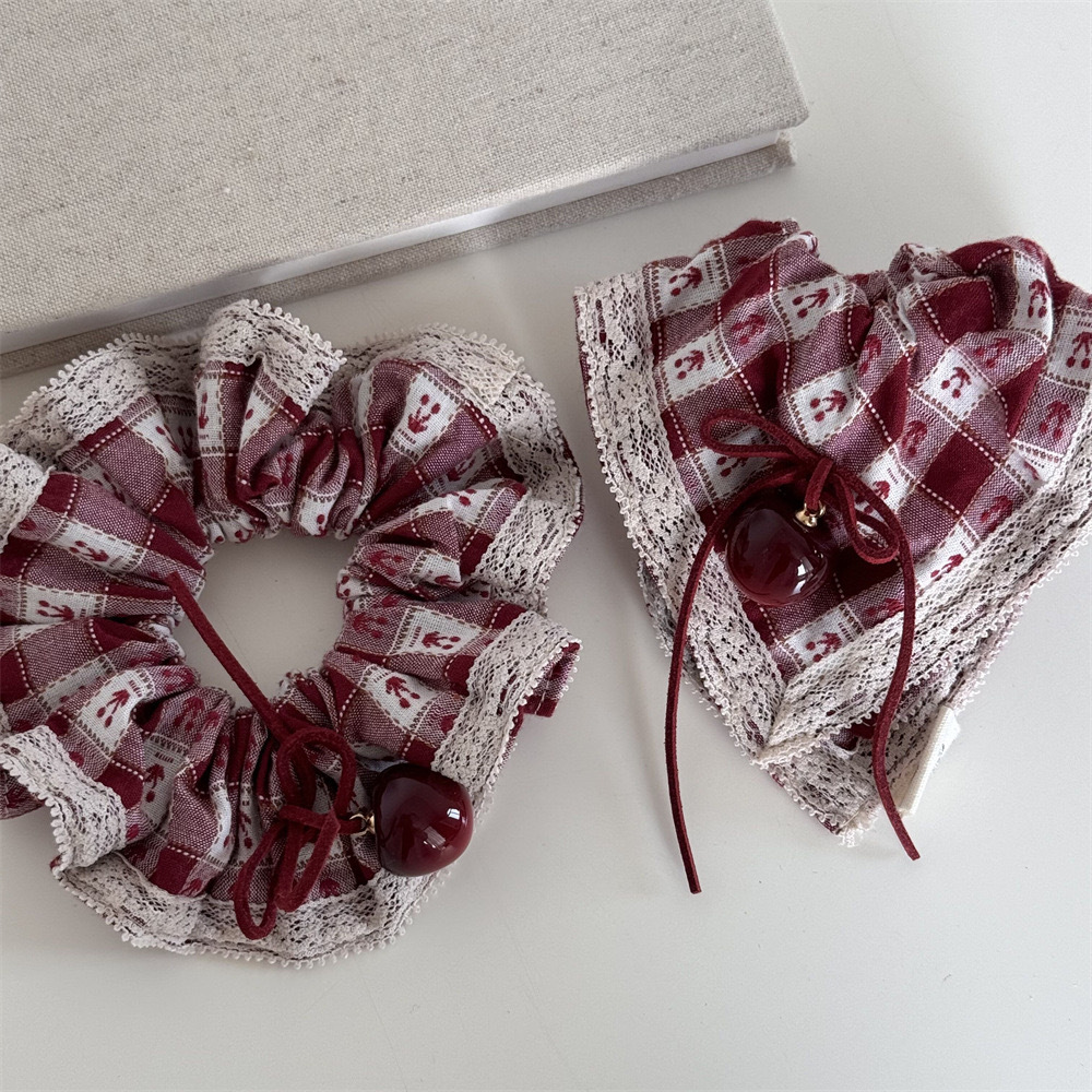 2024春季新款樱桃红格子车厘子发圈扎头绳方形大肠圈发饰发绳女生