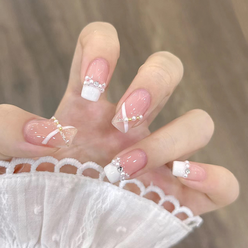 Wear Nail Manicure Nail Tip Wholesale Xiaohongshu Hot White French Pearl Rhinestone Nail Sticker Removable Nail Tip