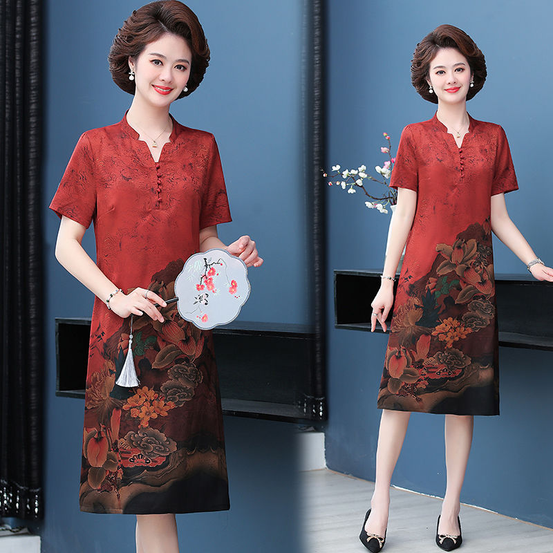 中老年女装新中式香云纱丝旗袍连衣裙夏季新款气质妈妈洋气裙子