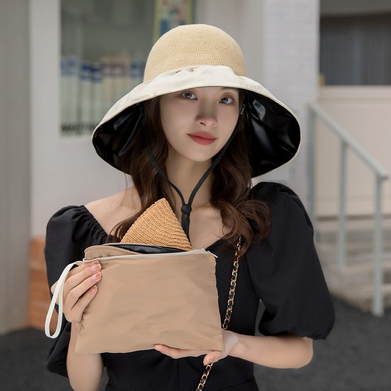 Hat Female Summer Vinyl Bow Sunhat UV Protection Hollow-out Straw Hat Face Cover Sun-Proof Sun Bucket Hat