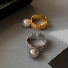 小众设计银灰白色珍珠开口戒指女时尚个性轻奢气质百搭高级食指环