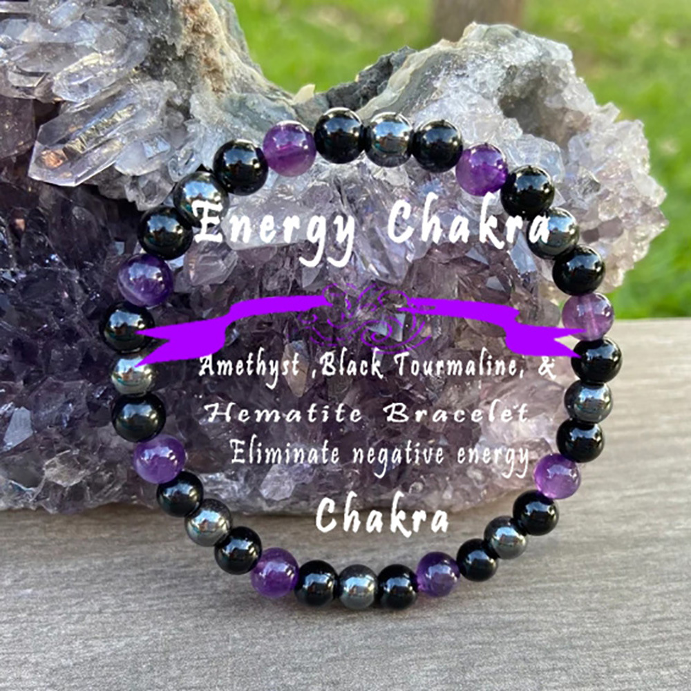 夏季朋克男女同款串珠手串嘻哈欧美风6毫米紫晶铁胆石手链tiki