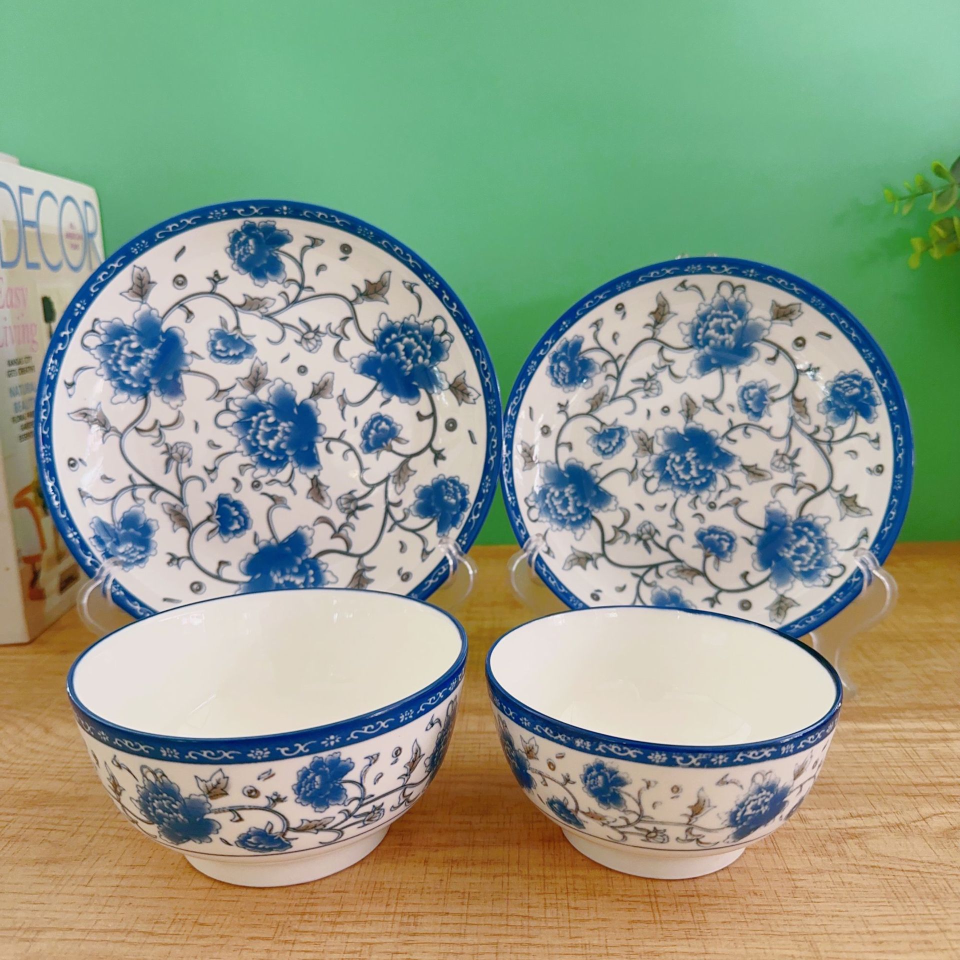 peony blossom household plate rice bowl dinner plate fruit plate ins retro blue and white tableware