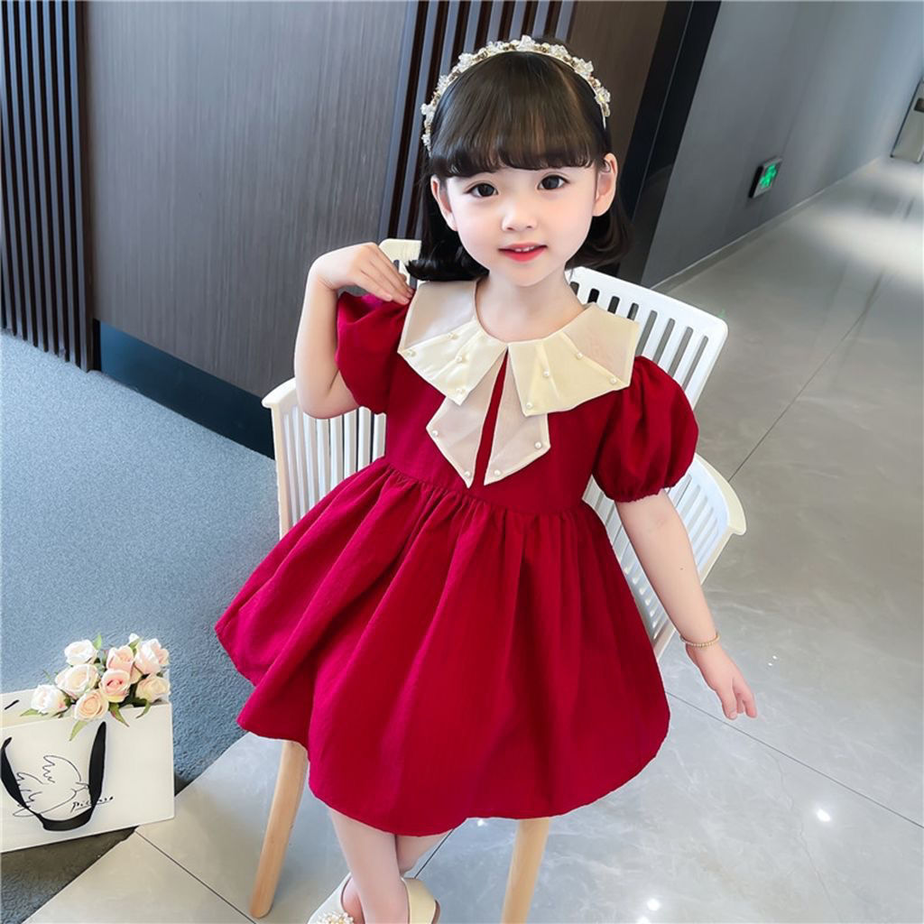 女童红色连衣裙夏装2022新款小女孩短袖裙子珍珠娃娃领儿童公主裙