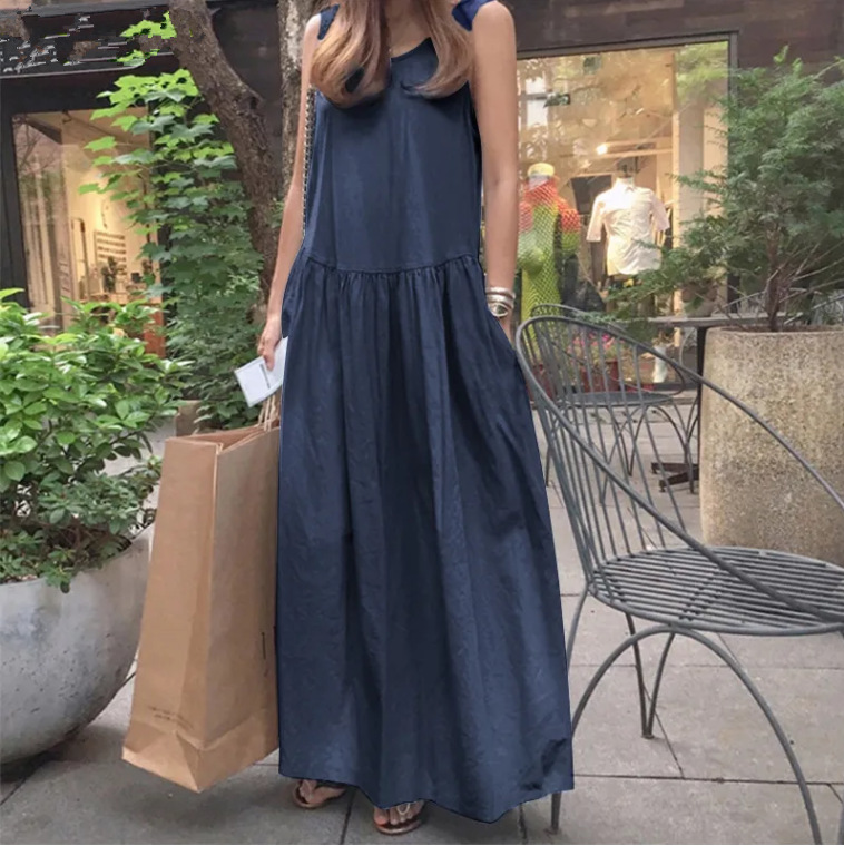 2023 Cross-Border Summer Cotton and Linen Casual round Neck Sleeveless Large Size Loose Solid Color Vest Long Large Hem Dress