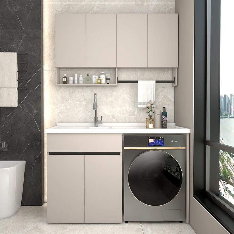 简约阳台洗衣机柜脸盆一体组合石英石台面带搓板洗衣台洗脸槽切角