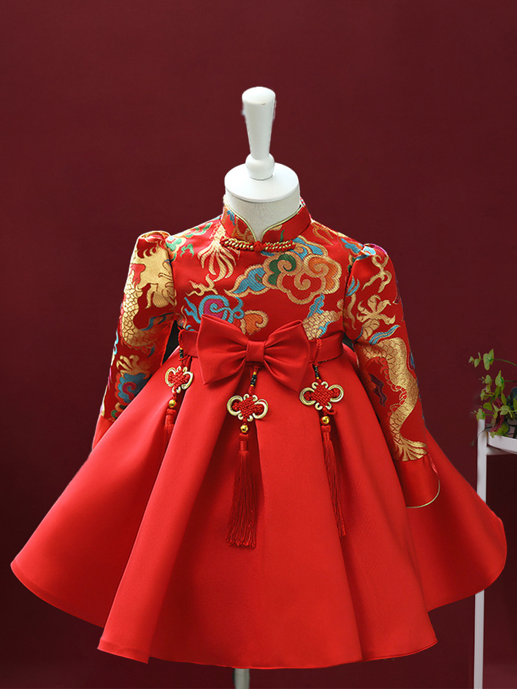 女宝宝抓周礼服女童一周岁公主裙周岁宴女孩生日冬季中式抓周服