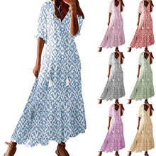 亚马逊 eBay 跨境女装宽松V领波西米亚风印花连衣裙中腰中袖长裙