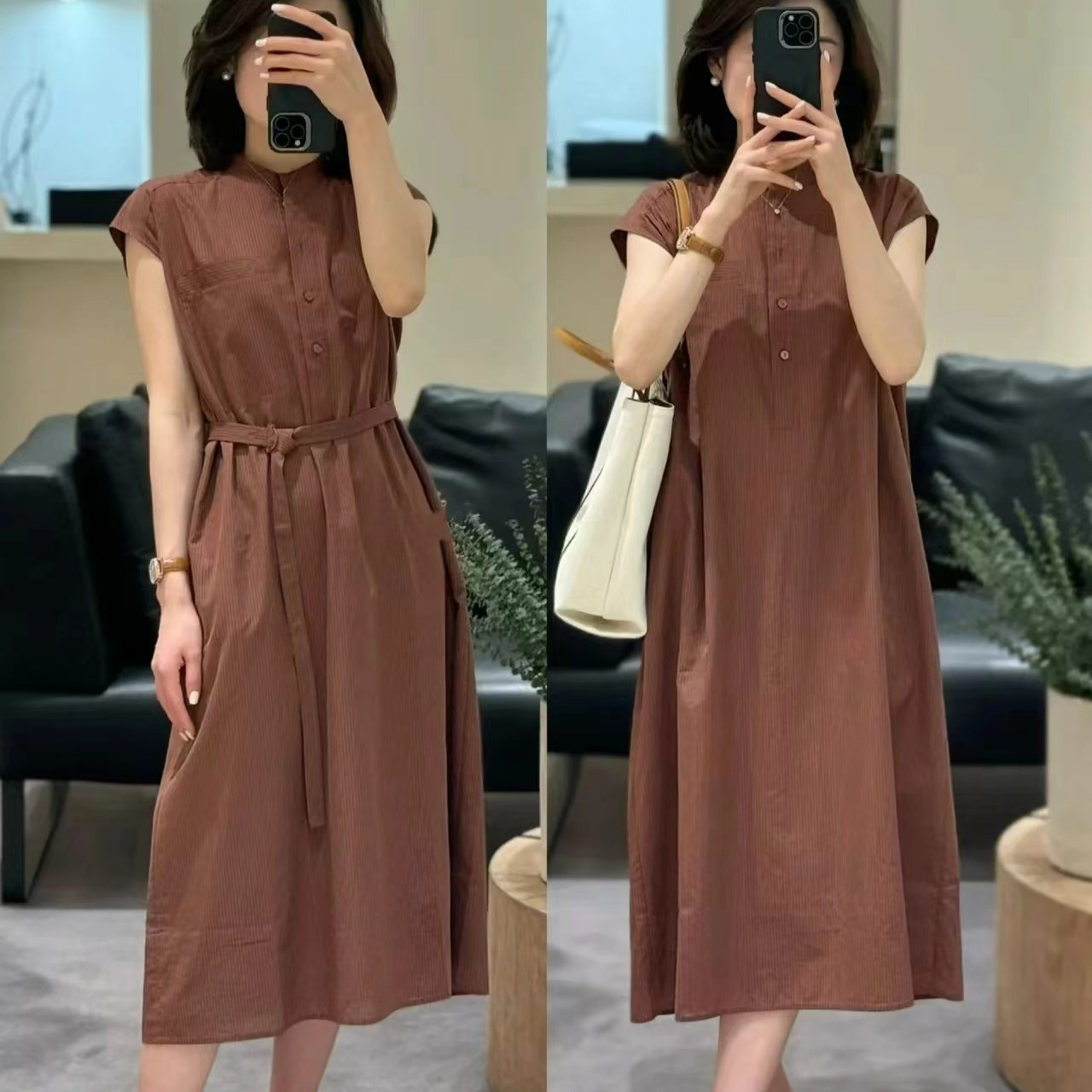 2024夏季新款色织棉府绸系带及膝连衣裙-阿里巴巴