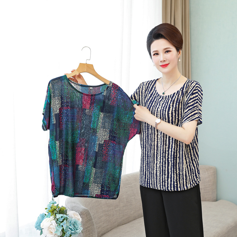 Middle-Aged and Elderly Batwing Sleeve plus and Extra Size Mom Wear 100.00kg Elderly T-shirt Top Short-Sleeved Summer Clothes Women's Milk Silk