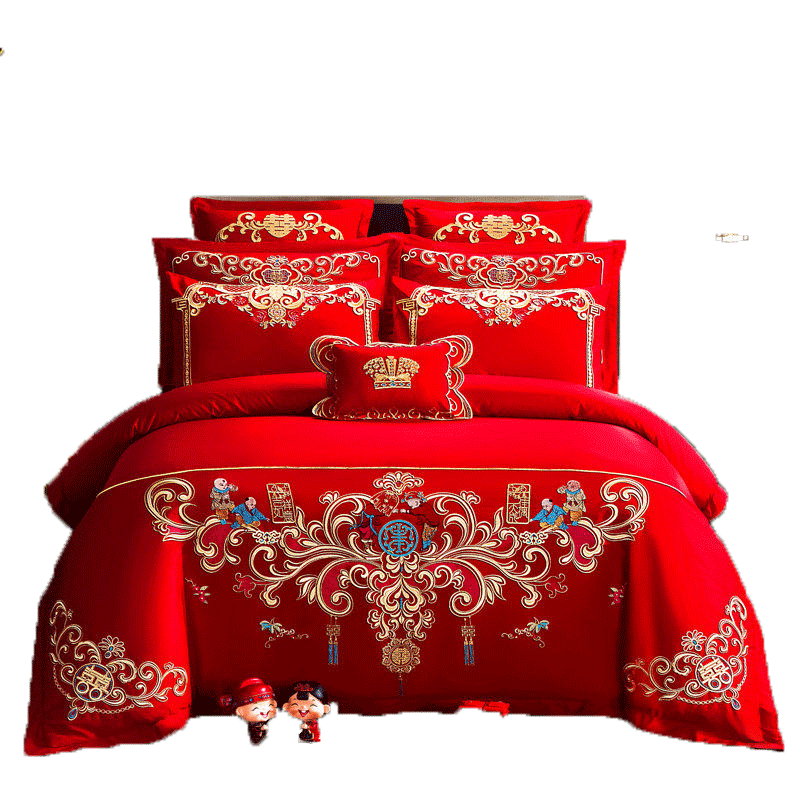 100%全棉中式婚庆四件套新婚纯棉床单被套大红色结婚房床上用陈之