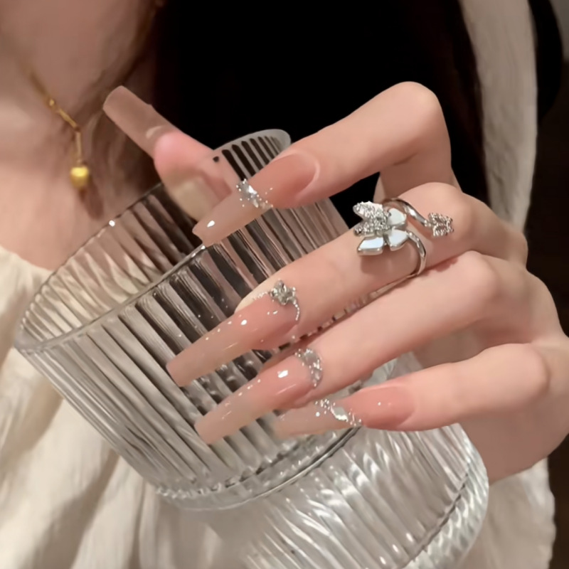 夏日纤长款显白裸色温柔气质手工穿戴甲耀眼粉透少女美甲-阿里巴巴