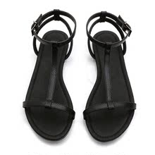 夏季欧美平底黑色蛇纹T型平跟一字带露趾细带 软底防滑真皮凉鞋女