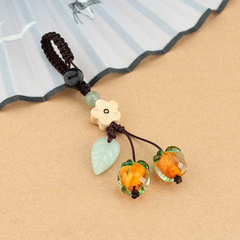 Persimmon Colored Glaze Persimmon Car Key Ring Pendant Persimmon Leaf Youcheng Mobile Phone Charm Creative Retro Pendant Lanyard