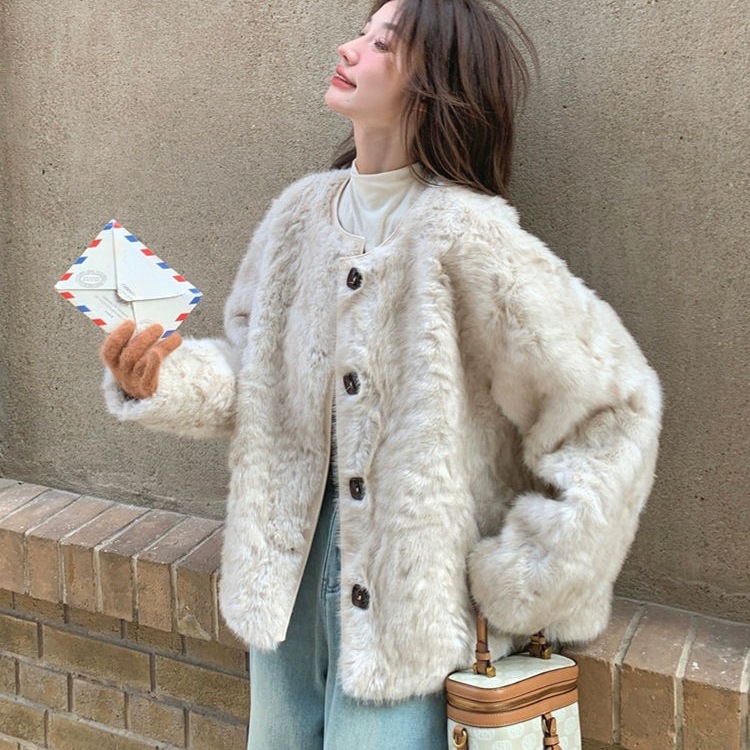 韩系小香风兔毛皮草外套女秋冬加厚羊羔毛绒棉服皮毛一体棉衣