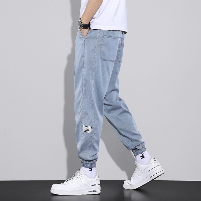 Lyocell Jeans Men's Summer Thin Loose Ankle-Tied Harem Cropped Pants Men's Ice Silk Stretch Casual Long Pants