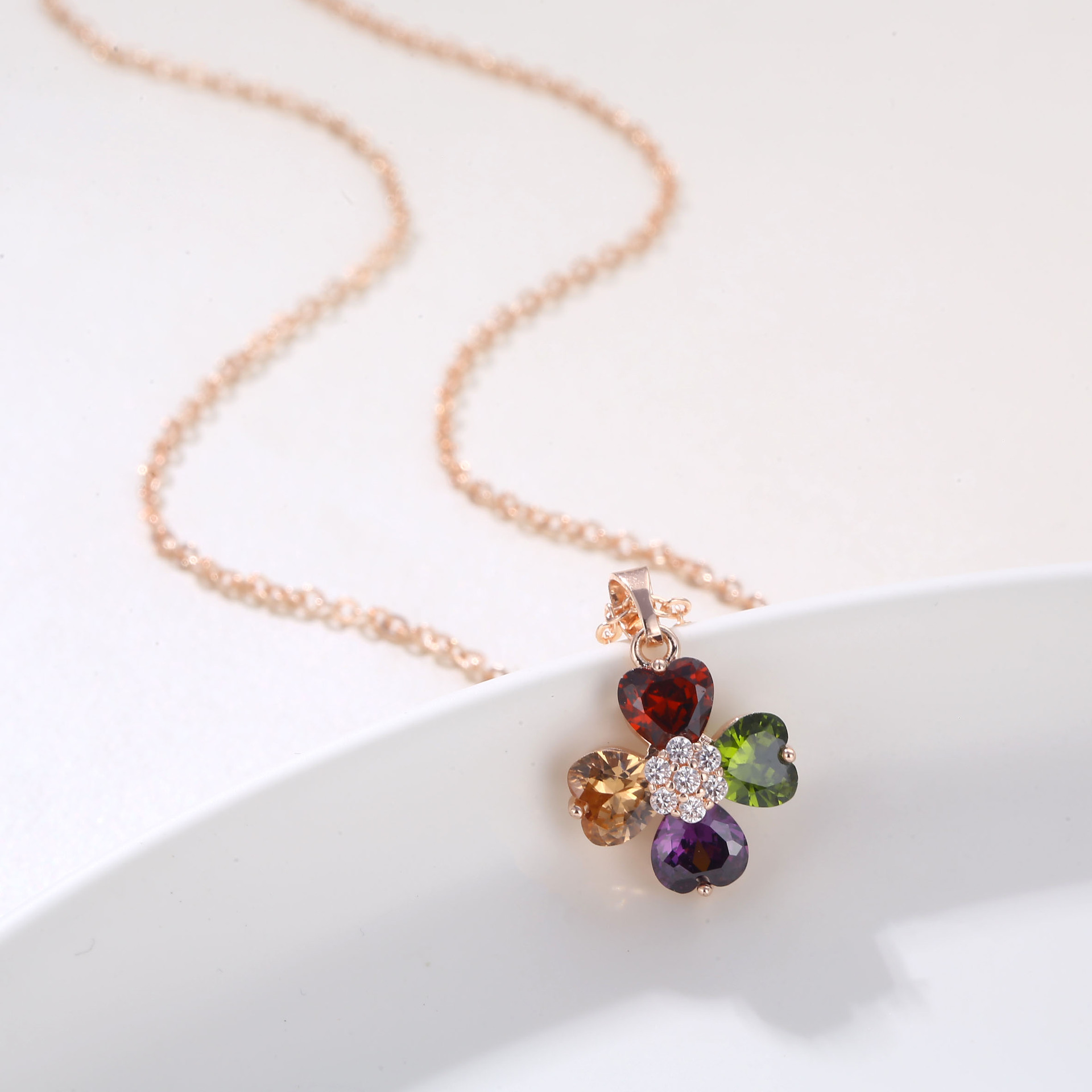 tx家韩版时尚彩色锆石欧美彩钻项链女七彩玫瑰金爱心四叶草ks