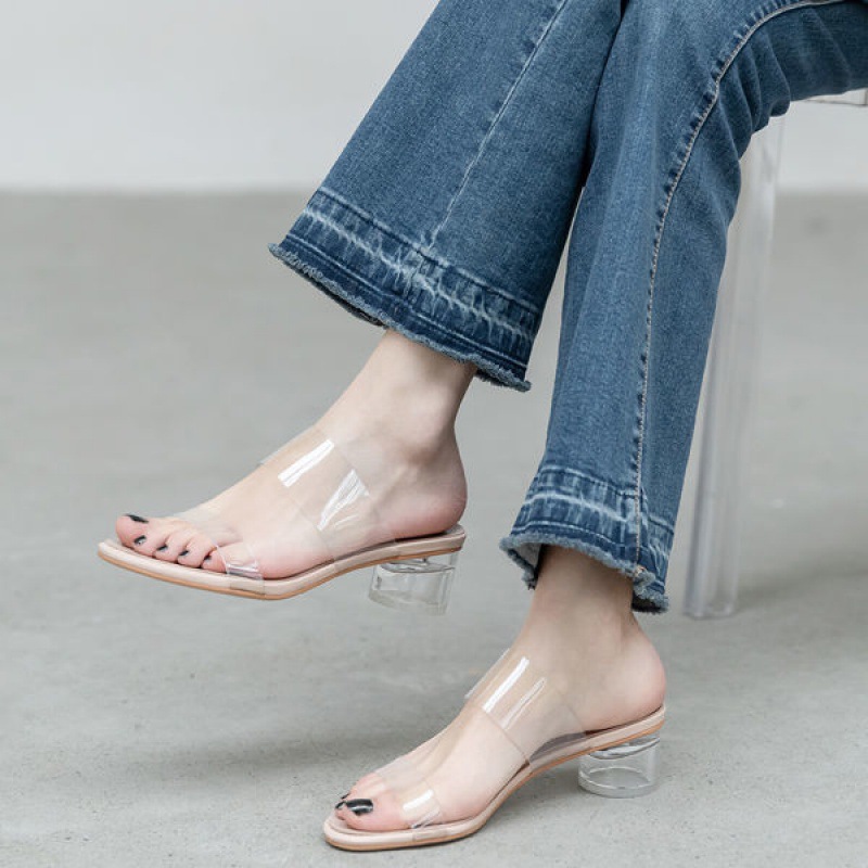 透明粗跟凉鞋女2021夏新款外穿一字带中跟仙女风凉拖鞋水晶鞋
