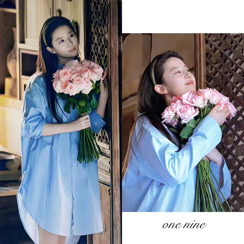 去有风的地方刘亦菲许红豆同款蓝色捧花衬衫连衣裙女中长款衬衣裙