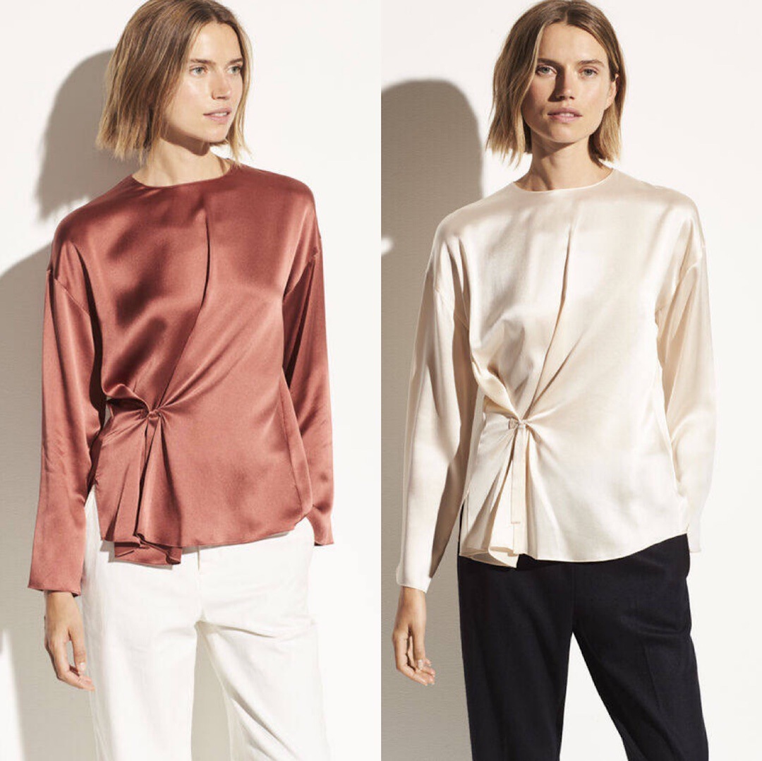 侧系结圆领真丝衬衫素绉缎砂洗ol纯色圆领套头长袖衫