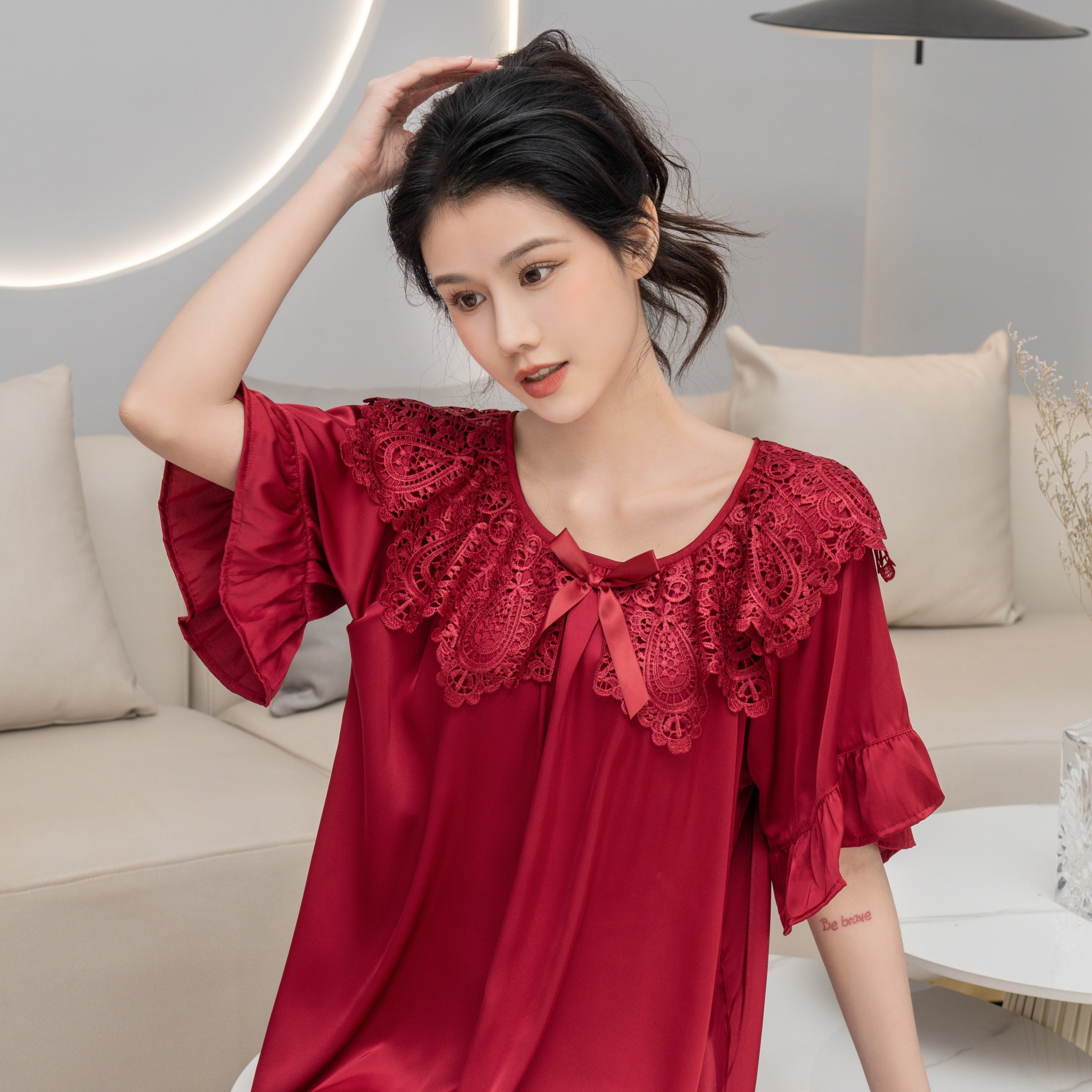 Summer Solid Color Women's Nightdress Large Size Loose Short-Sleeved Nightdress Simple Fashionable and Support Outer Wear Lace Princess Dress for Women