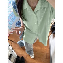 薄荷曼波绿色衬衫短袖女夏季薄款宽松百搭显瘦遮肉衬衣外穿潮