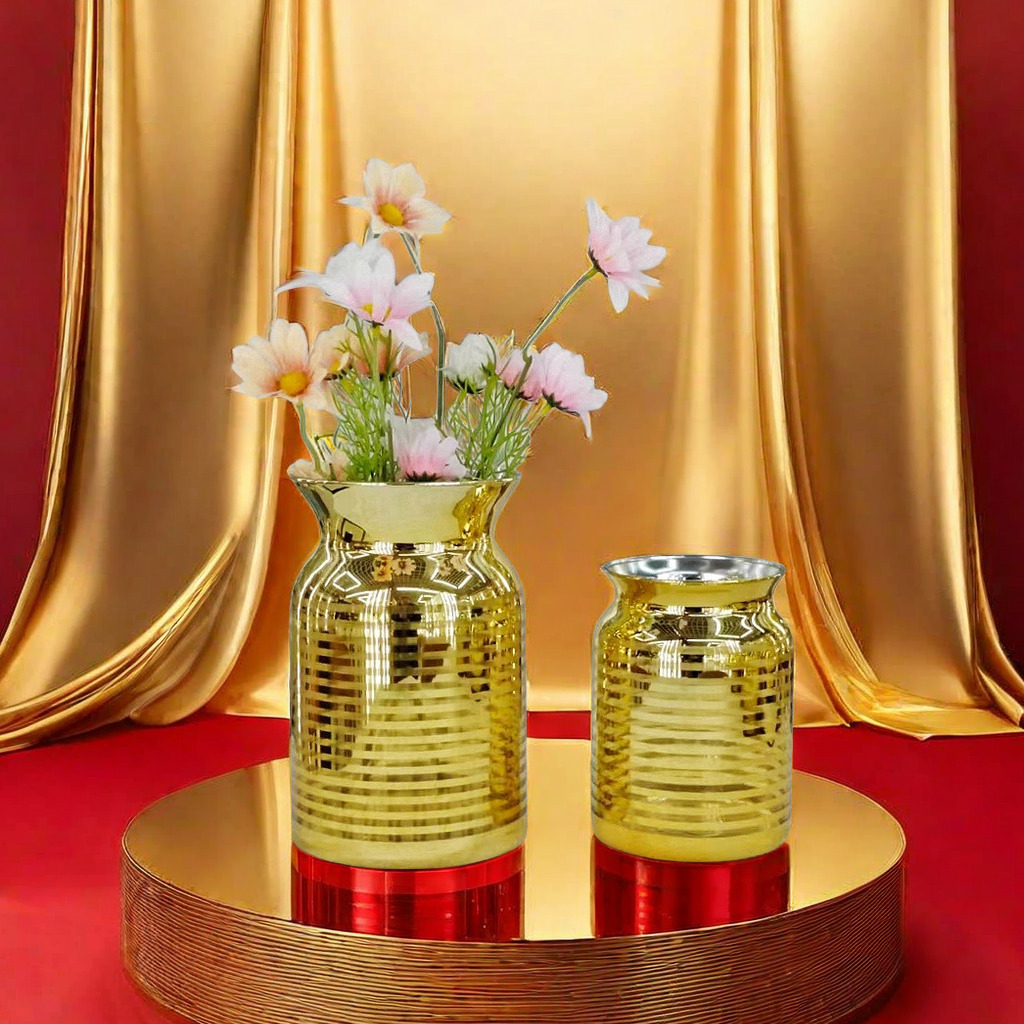 European-Style Laser Gold Striped Glass Vase Hydroponic Flowers Dried Flower Hotel Wedding Home Decorative Flower Arrangement Decoration