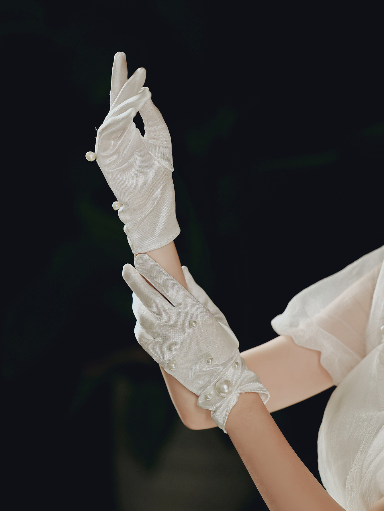 婚纱手套新娘重手工珍珠奢华白手套法式优雅蝴蝶结复古民国风手套