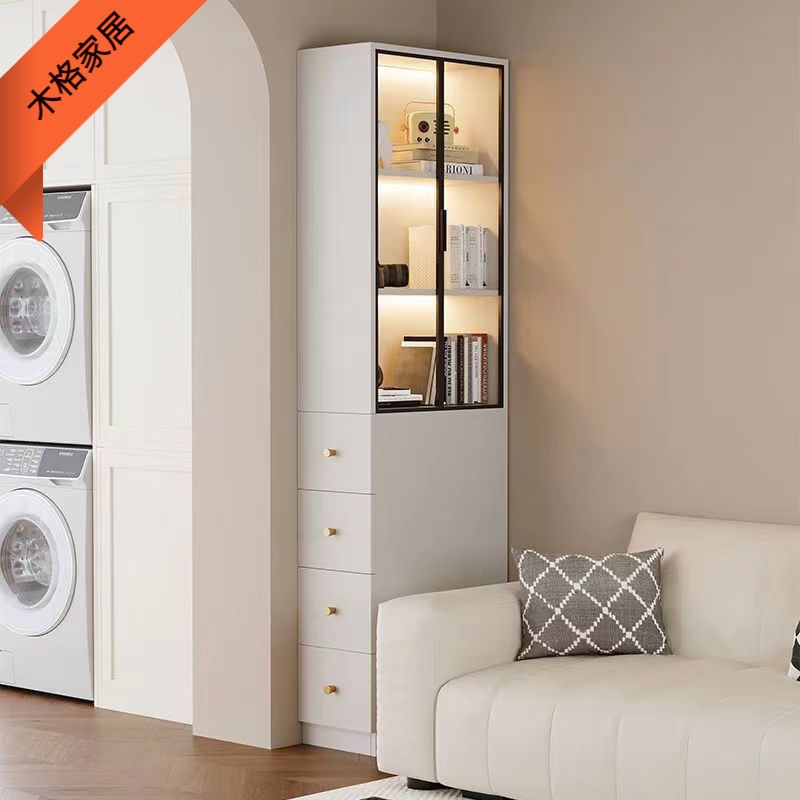 侧面抽拉式书柜沙发边柜窄缝隙玻璃门侧边柜小户型立柜墙角置物柜