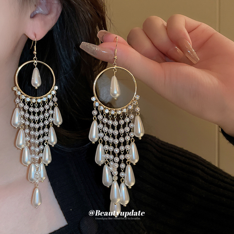 珍珠几何水滴流苏耳环轻奢欧美长款耳钩耳坠百搭夸张气质耳饰批发