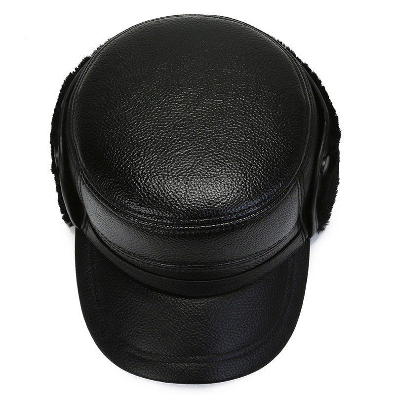 New Men's Flat-Top Cap Middle-Aged and Elderly Winter Warm Ear Protection Hat Old Man PU Leather Cotton Hat Thickened Cold Protection